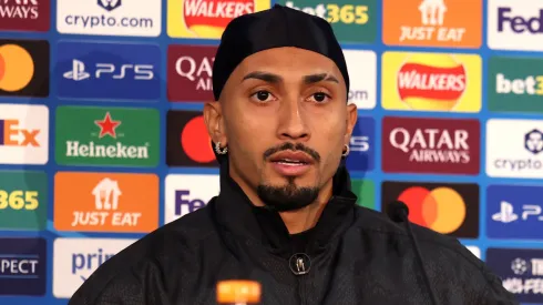 Raphinha of FC Barcelona speaks to the media.