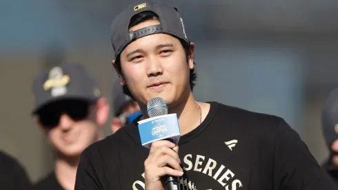 Shohei Ohtani of the Los Angeles Dodgers speaks during the 2025 Los Angeles Dodgers World Series Celebration.