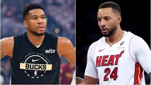 Giannis Antetokounmpo of the Milwaukee Bucks and Norman Powell of the Miami Heat.