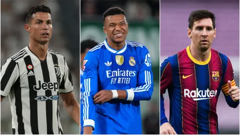 Cristiano Ronaldo (left), Kylian Mbappe (middle), and Lionel Messi (right)
