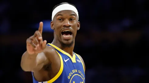 Jimmy Butler reacts to a foul during an NBA game.