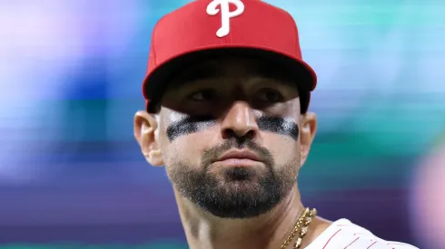 Nick Castellanos #8 of the Philadelphia Phillies looks on.