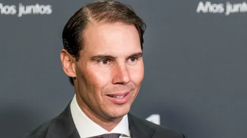 Rafael Nadal speaks to reporters during an event.