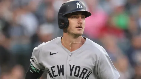 Cody Bellinger, #35 of the New York Yankees, watches a two-run home run.