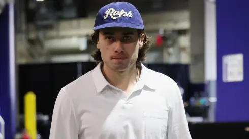 Quinn Hughes #43 of the Vancouver Canucks arrives for the game.