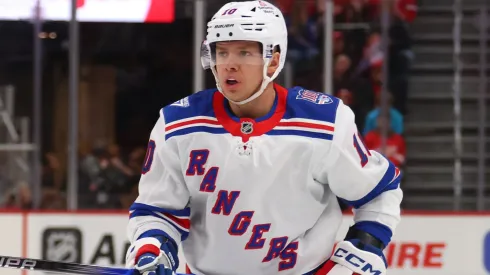 Artemi Panarin #10 of the New York Rangers controls the puck.