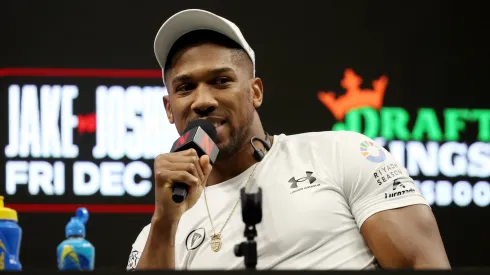 Anthony Joshua speaks during the press conference about his exhibition match.