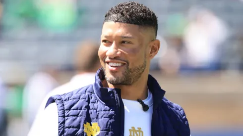 Head coach Marcus Freeman of the Notre Dame Fighting Irish looks on during the 94th Annual Notre Dame Blue-Gold Spring Game at Notre Dame Stadium on April 12, 2025 in South Bend, Indiana.