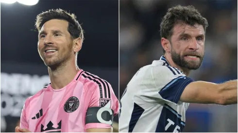 Lionel Messi of Inter Miami and Thomas Müller of the Vancouver Whitecaps.