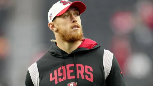 George Kittle looks on prior to a game vs the Raiders on January 01, 2023 in Las Vegas, Nevada.