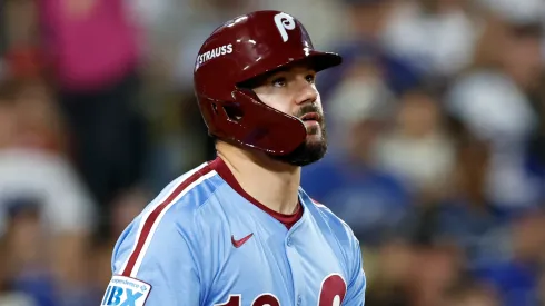 Kyle Schwarber #12 of the Philadelphia Phillies reacts.