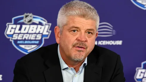 Head coach Todd McLellan of the Red Wings speaks during a press conference.