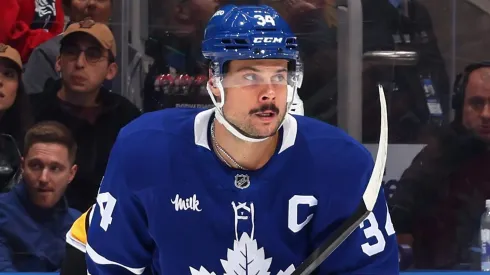 Auston Matthews #34 of the Maple Leafs skates against the Bruins.