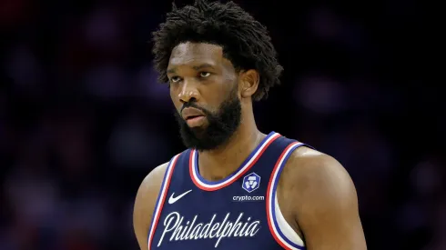 Joel Embiid #21 of the Philadelphia 76ers looks on.