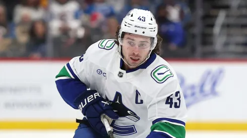 Quinn Hughes at Ball Arena on December 02, 2025 in Denver, Colorado.