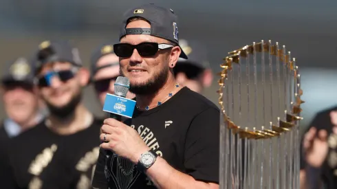 Miguel Rojas #72 of the Los Angeles Dodgers speaks to the crowd during the 2025 Dodgers World Series Celebration.