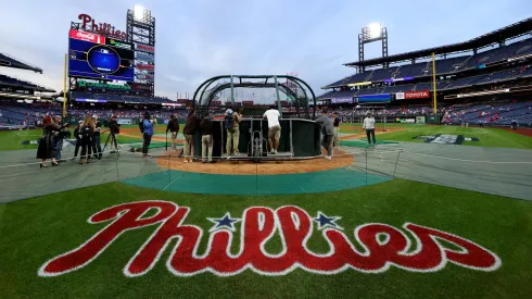 The Philadelphia Phillies logo is seen behind home plate.