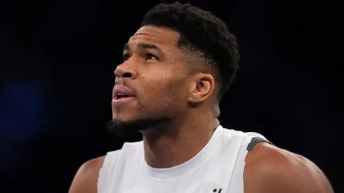 Giannis Antetokounmpo #34 of the Milwaukee Bucks warms up.