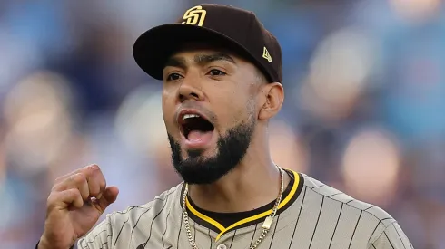 Robert Suarez #75 of the San Diego Padres celebrates.