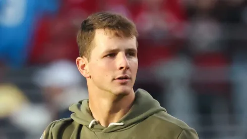 Brock Purdy warms up prior to the game vs the Panthers on November 24, 2025 in Santa Clara.