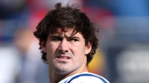 Daniel Jones looks on prior to the game vs the Chiefs on November 23, 2025 in Kansas City.