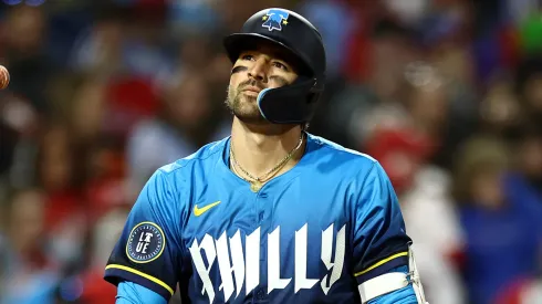 Nick Castellanos #8 of the Philadelphia Phillies reacts following an at bat.