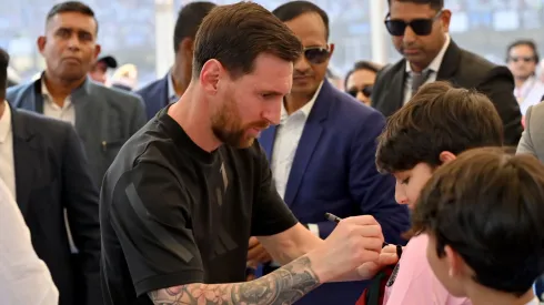 Lionel Messi of Argentina interacts with fans.
