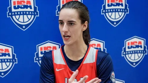 Caitlin Clark addresses the media during the United States Women's Basketball Team.
