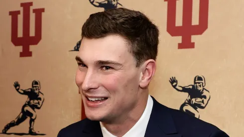 Fernando Mendoza of the Indiana Hoosiers talks to the media on December 13, 2025 in New York City.