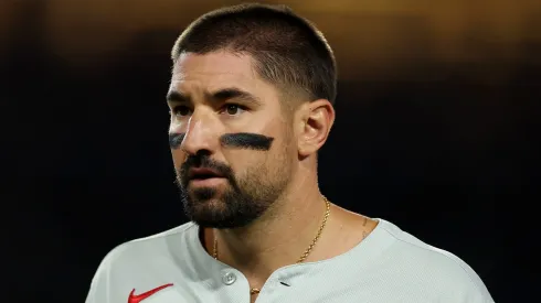 Nick Castellanos looks on against the Dodgers on September 17, 2025 in Los Angeles.