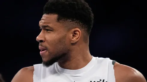 Giannis Antetokounmpo #34 of the Milwaukee Bucks warms up.