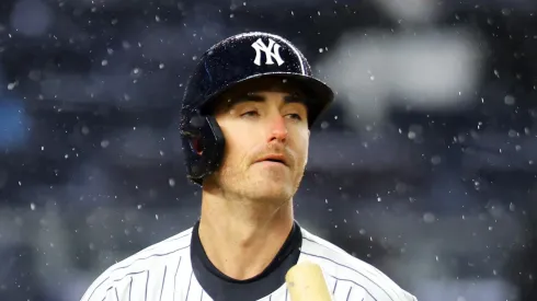 Cody Bellinger #35 of the New York Yankees reacts after striking out.
