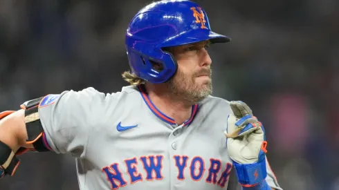 Jeff McNeil #1 with the New York Mets runs out a groundball.