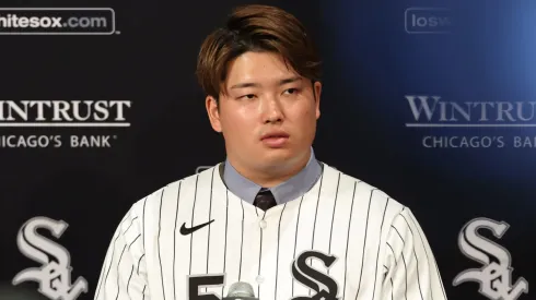 Munetaka Murakami #5 of the Chicago White Sox addresses the media.