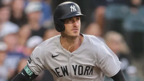 Cody Bellinger #35 of the New York Yankees hits a two-run home run.