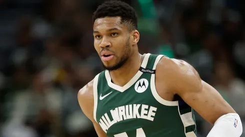 Giannis Antetokounmpo #34 of the Milwaukee Bucks looking on against Indiana Pacers.