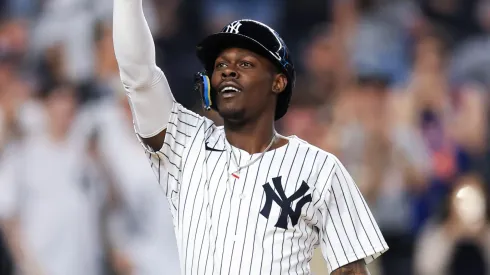 Jazz Chisholm Jr. #13 of the New York Yankees reacts.