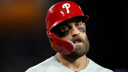 Bryce Harper reacts during an MLB game at Citizens Bank Park.