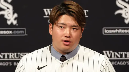 Munetaka Murakami #5 of the White Sox addresses the media after signing his first MLB contract.