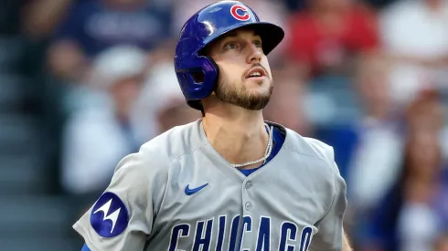 Kyle Tucker #30 of the Chicago Cubs after hitting a two-run home run.