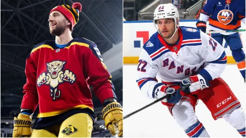 Jeff Petry #2 of the Florida Panthers in 2026 and Jonny Brodzinski #22 of the New York Rangers in 2025.
