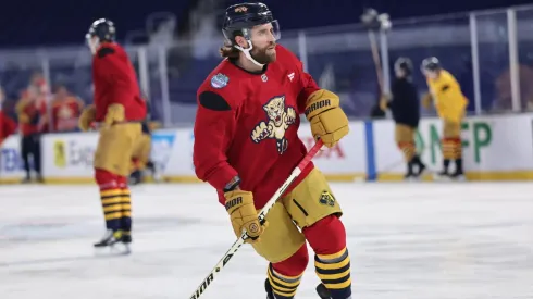 Aaron Ekblad #5 of the Florida Panthers practices prior to the 2026 Discover NHL Winter Classic.