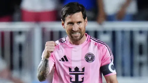 Lionel Messi #10 of Inter Miami CF celebrates after scoring.