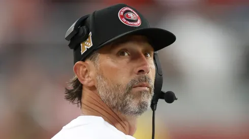Kyle Shanahan looks on during a first quarter on October 27, 2024 in Santa Clara.