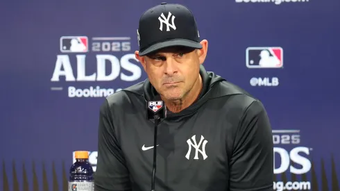 Manager Aaron Boone #17 of the New York Yankees speaks to the media.