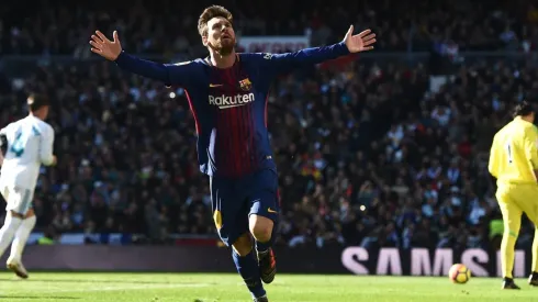 Lionel Messi gritando el gol de cara a la afición Blanca.