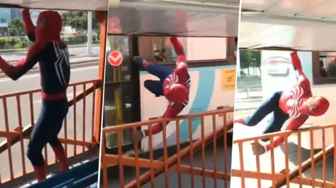 Video viral: Spiderman rompe todo y camina sobre un bus