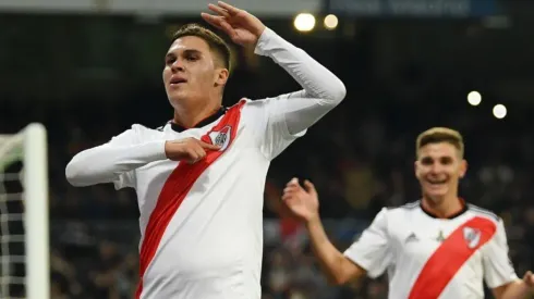 Juan Fernando Quintero celebra su gol en la final de la Copa Libertadores 2018 contra Boca Juniors.