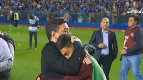 Marcelo Gallardo y Juanfer Quintero tras eliminar a Boca Juniors en la semifinal de la Libertadores.