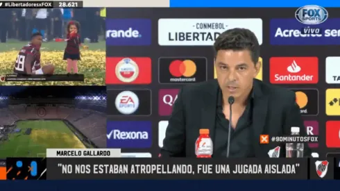 Foto de la conferencia de prensa de Marcelo Gallardo.